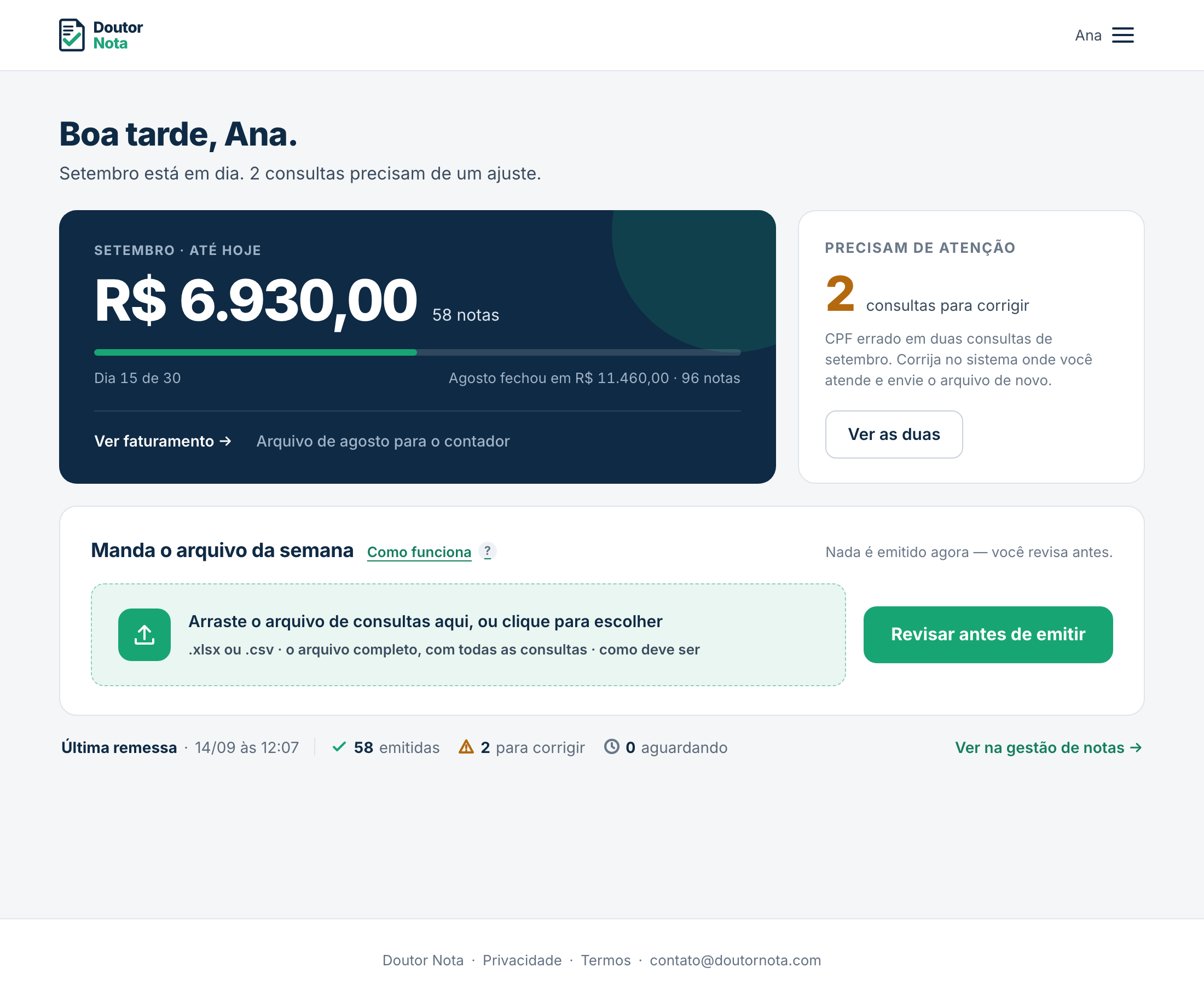 A tela de início do Doutor Nota: o faturamento do mês em
                      destaque, as consultas que precisam de atenção e a área de
                      envio do arquivo de consultas